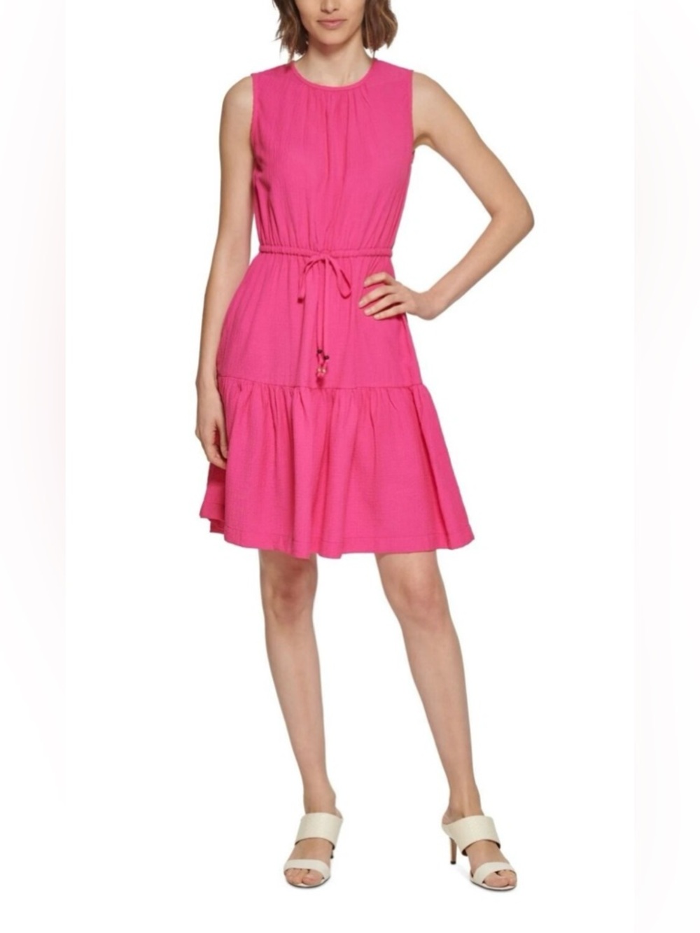 Calvin Klein Women's Hot Pink Tiered Fit & Flare Dress Drawstring Waist 10